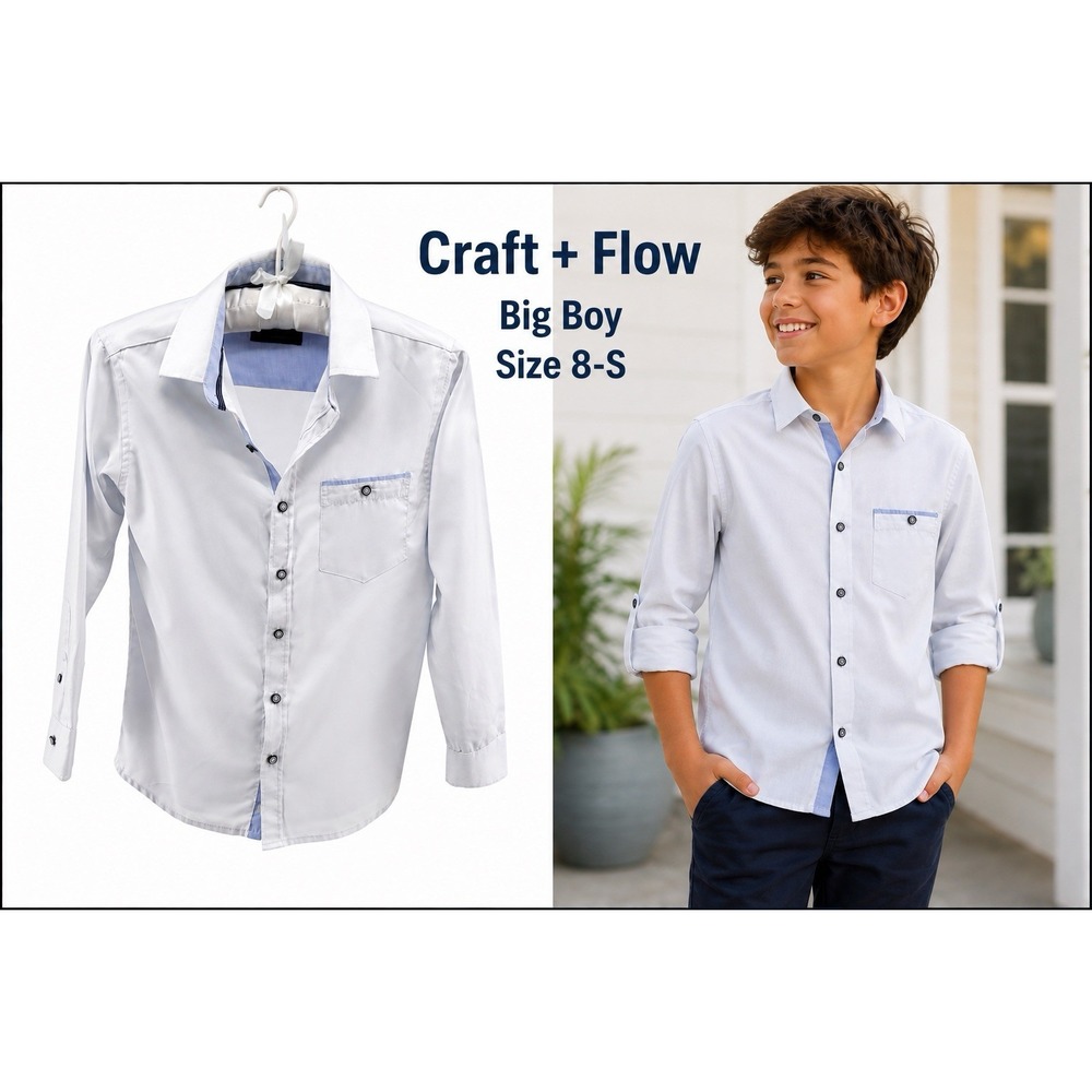 Craft + Flow Boys Size 8-S White Button Down Shirt Long Sleeve Blue Trim